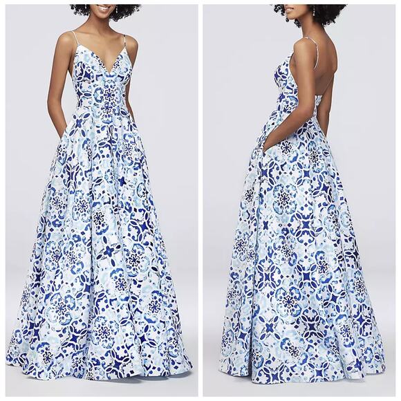 Betsy & Adam Mosaic Deep V-Neck Low Back Prom Ball Gown Spaghetti Strap Womens 4 - Picture 1 of 10